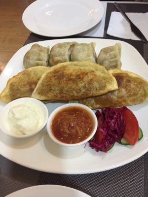 Different dumplings with vegan meat filling and two dips at Bilig Vegan Bistro in Ulaanbaatar