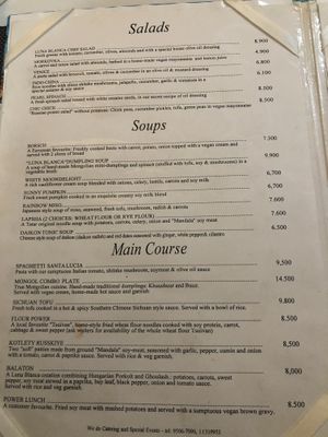 menu of dishes at Bilig Vegan Bistro in Ulaanbaatar