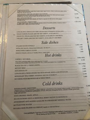 menu of dishes at Bilig Vegan Bistro in Ulaanbaatar