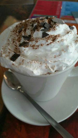 Vegan Dulex hot chocolate with soy milk and no marshmallows at Cadwaladers - Mermaid Quay in Cardiff