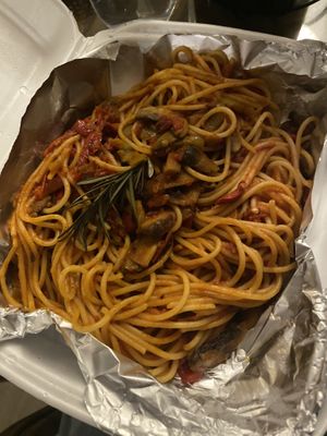 They do delivery! This is the Vegetarian Spaghetti (vegan) delivered in foil to keep it hot!  at Rose in Kalkan