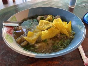 Soy balls, wide rice noodle, green veggie soup  at Satanatam Hongcherng in Nan