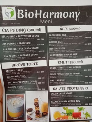 Menu at BioHarmony in Belgrade