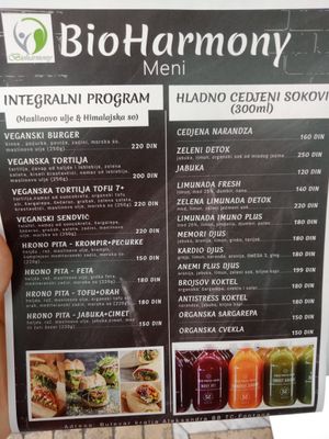 Lunch and juice menu at BioHarmony in Belgrade