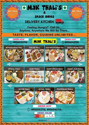 MAK THALI'S & SNACK BOXES
Feeling Hungry???
Call us ..   Anytime, Anywhere we will be There...
Fresh, Easy, Tasty, Convienent Food for Conference, Meeting Seminar, Meeting, Corpora at AmakThali's & Food Box in Nagpur