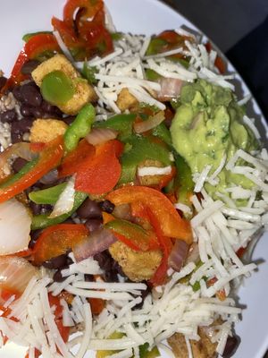 Fajita bowl. Vegan cheese requested to sub out the pepper jack cheese. Lentil bites for protein!  at CALI - South in Tampa