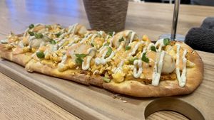 Buffalo cauliflower flatbread  at Kind Cafe in Vancouver