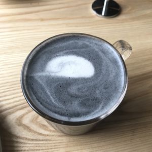 Charcoal latte  at Kind Cafe in Vancouver