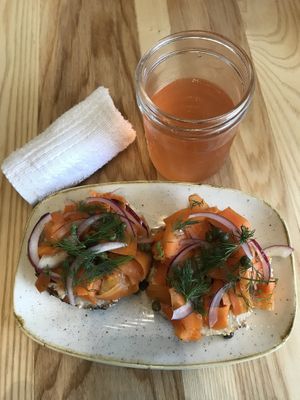 Carrot lox and kombucha  at Kind Cafe in Vancouver