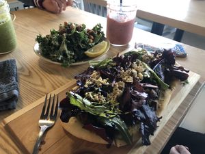 Pita and salad (too much sauce on salad) at Kind Cafe in Vancouver
