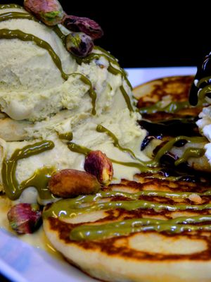 pancakes with icecream, or fruit, or nut cream (pancakes aren't vegan) at Gelateria Jimmy in Muggia