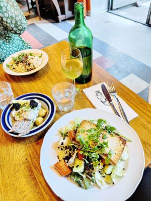 Tofu salad, skagen and zucchini pasta. at Harju 8 in Helsinki