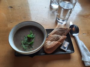 Mushroom soup with bread (butter is not vegan) at The Lock Inn in Fort Augustus