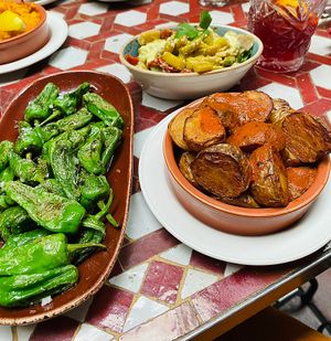 Padron peppers, artichoke salad, patatas bravas with no aioi at Cafe Andaluz - George St. in Edinburgh