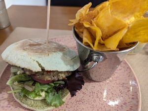 Mushroom-eggplant-lentil burger with sweet-potato chips at Avocado in Obidos