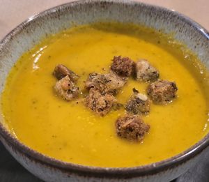 Pumpkin soup with incredible croutons at Avocado in Obidos