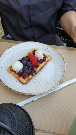 Red berries waffle (vegetarian, not vegan) at Avocado in Obidos