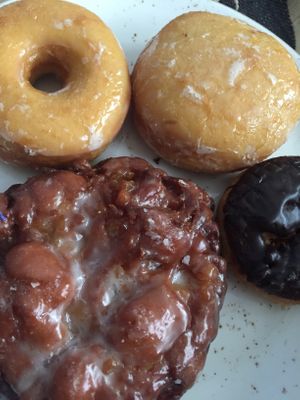 Glazed, apple fritter, chocolate glazed cake, and jelly filled. at Missy's Cupcakes in Ventura