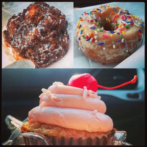 Maple, glaze w/ sprinkles, and the cherry cupcake!  at Missy's Cupcakes in Ventura