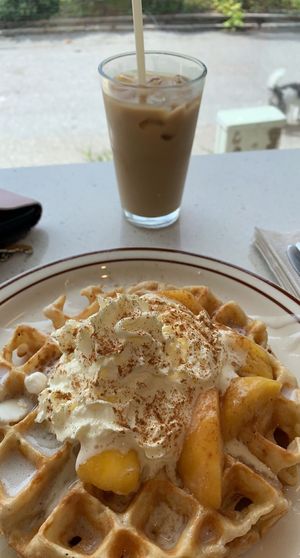 Peach waffle (limited time) with iced latte  at Project Coffee - Burns Court in Sarasota