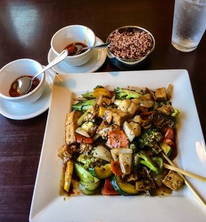 Mixed veggies + tofu in black bean sauce and two hot sauces. at Marco Polo Global Restaurant in Salem