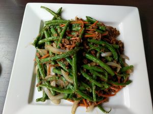 Garlic green beans w/ veggie beef at Marco Polo Global Restaurant in Salem