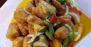 Vegan orange "chicken" at Marco Polo Global Restaurant in Salem