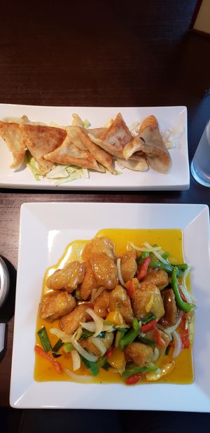Vegan orange "chicken" & veggie dumplings at Marco Polo Global Restaurant in Salem