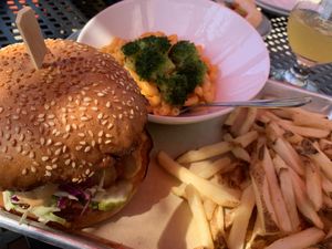King trumpet mushroom burger, Fries, mini Mac & cheese with CBD infused drink 💕 at Craft Roots  in Morgan Hill