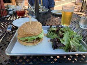 CR burger with secret sauce and side salad   at Craft Roots  in Morgan Hill