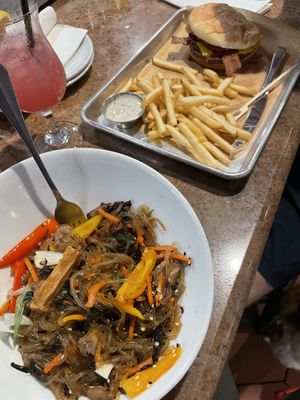 Japchae noodles and the bourbon bacon burger, with a CBD drink on the side   at Craft Roots  in Morgan Hill