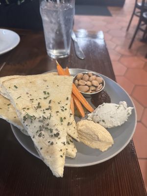 Hummus plate with vegan cheesee  at Craft Roots  in Morgan Hill