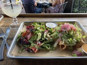 Flautas with side salad substitution rather than rice and beans. Crema and queso on the side. House margarita.   at Craft Roots  in Morgan Hill
