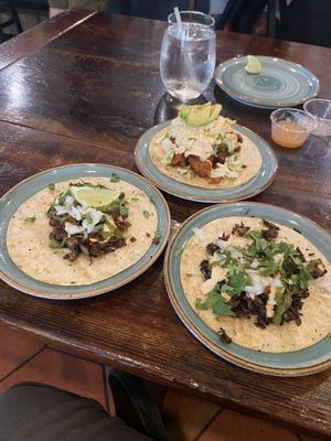 Taco Tuesday! One is fish taco and I believe the other two are carne asada and Al pastor I want to say  at Craft Roots  in Morgan Hill