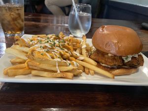 Chili cheese fries and I believe fried oyster mushroom sandwich. With a root beer!  at Craft Roots  in Morgan Hill