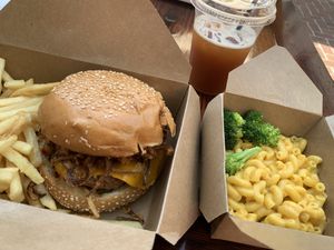 Beyond Burger + Fries, Mac & Cheese with Broccoli, Fresh Tea from Tap 😋 at Craft Roots  in Morgan Hill