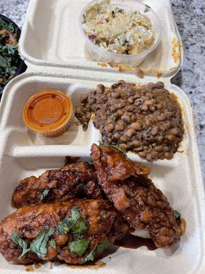 Buffalo tenders, black-eyed peas and creole potato salad   at SweetArt in St Louis