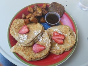 vegan pancakes:

stacks. creole-spiced potatoes. vegan sausage patty

 at SweetArt in St Louis