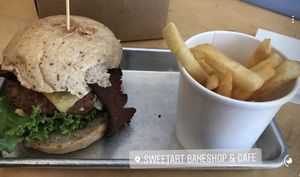 Burger with “bacon” and fries VEGAN at SweetArt in St Louis