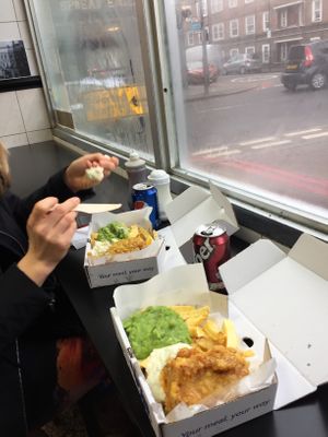 "fish" and chips at Kingfisher in East London