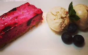 Vegan blackcurrant mousse dessert at Kingfisher in East London