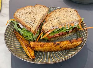 B.L.A.T. Sandwich
House-made Adzuki bean bacon, rosemary garlic vegan mayo, fresh tomatoes, arugula, carrots, cucumbers, red onion, and seeded multigrain bread at Lamara Coffee and Kitchen in New Orleans