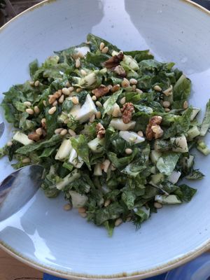 Great green salad with feta “cheese” pandora salad at Let's Vegan in Crete