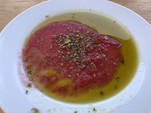 Olive oil with tomato at Let's Vegan in Crete