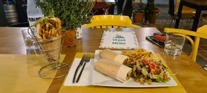 Pita and falafel dish at Let's Vegan in Crete