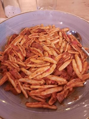 Homemade Greek pasta with sundried tomatoes and v-chicken at Let's Vegan in Crete
