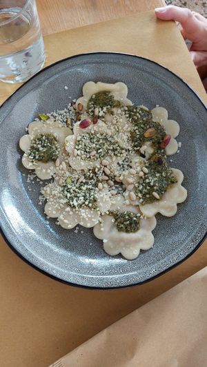 Ravioli with herb pesto. at Let's Vegan in Crete