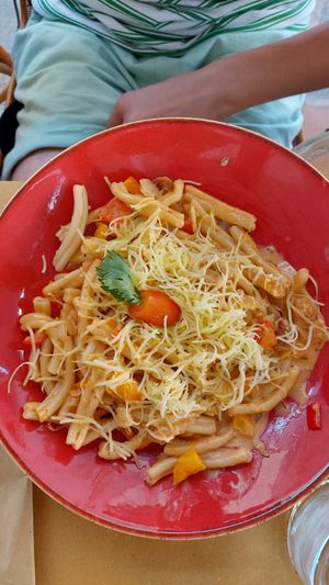 Himemade pasta with plant based chicken fillets. at Let's Vegan in Crete