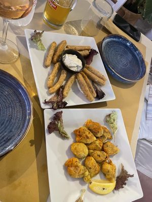 Fava sticks and dolma I think  at Let's Vegan in Crete