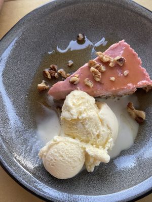 Cheesecake with ‘vegan’ ice cream  at Let's Vegan in Crete